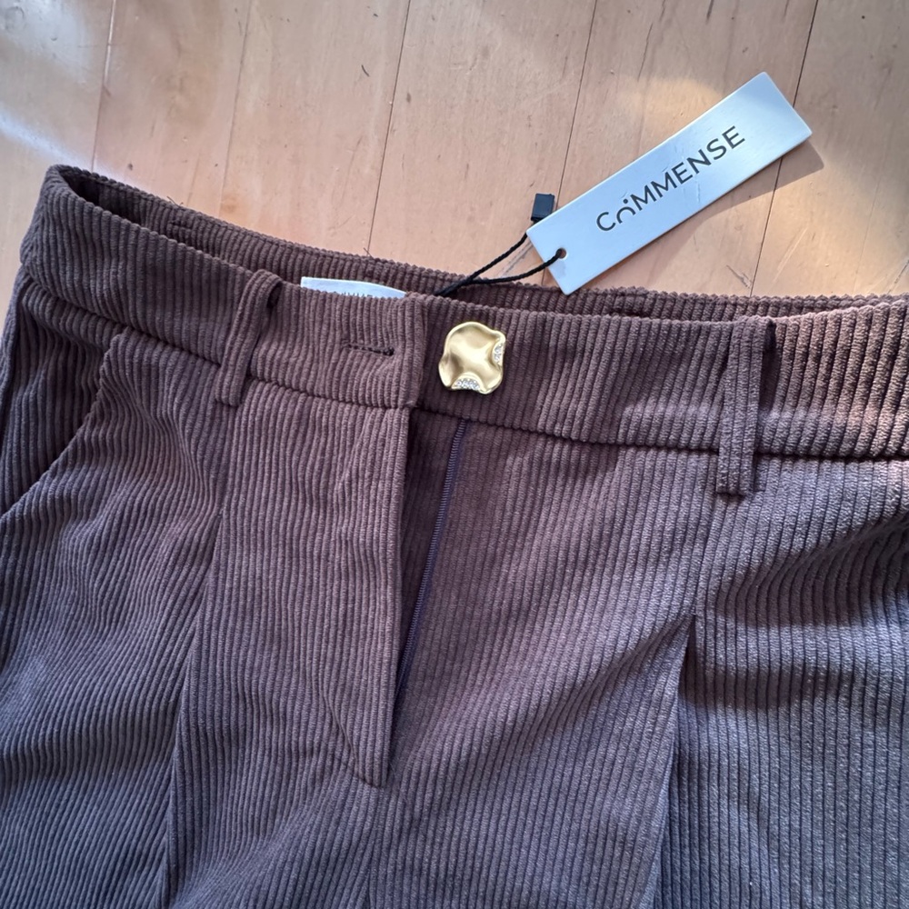 Commense Wide-Leg Corduroy Pants in Brown with Gold Button - Picture 5 of 5